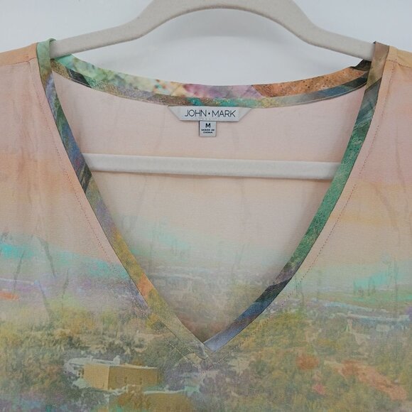 John Mark Silk Watercolor Landscape Print V-Neck Tunic Top Medium Multicolor - Picture 7 of 13